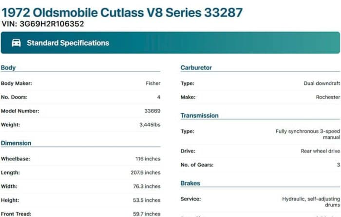 1972 Oldsmobile Cutlass V8