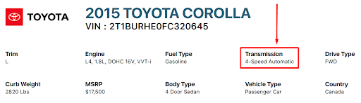 How to perform a vehicles transmission lookup by VIN?