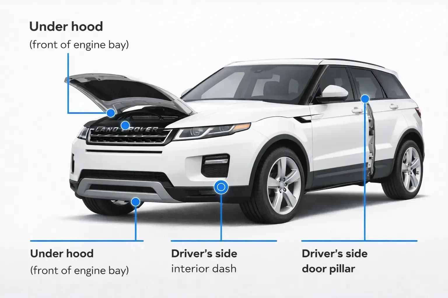 Land Rover SUV image with hood, dashboard, frame, and door-pillar VIN locations.