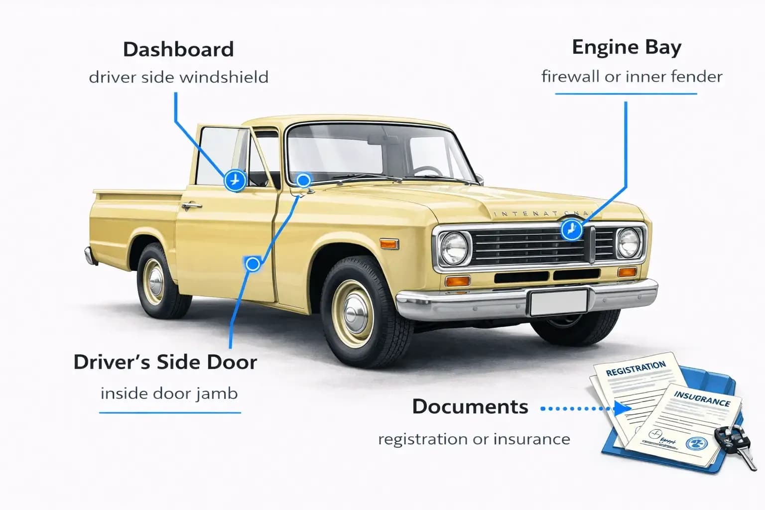 VIN check classic International with dashboard, driver-side door, engine bay, and document VIN locations.