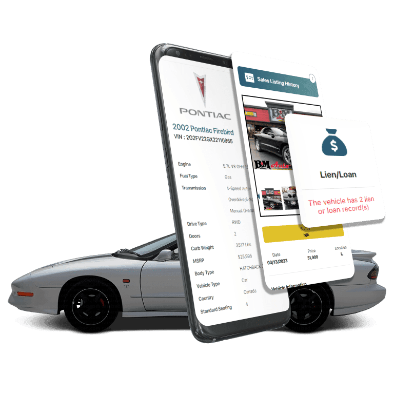 Photo of Pontiac VIN Decoder displaying vehicle history report, VIN details, specifications, and recall records on mobile screens beside a Pontiac Convertible.