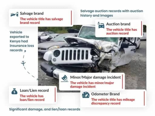 Kenya Chassis number report showing salvage, auction, damage, odometer, and lien records