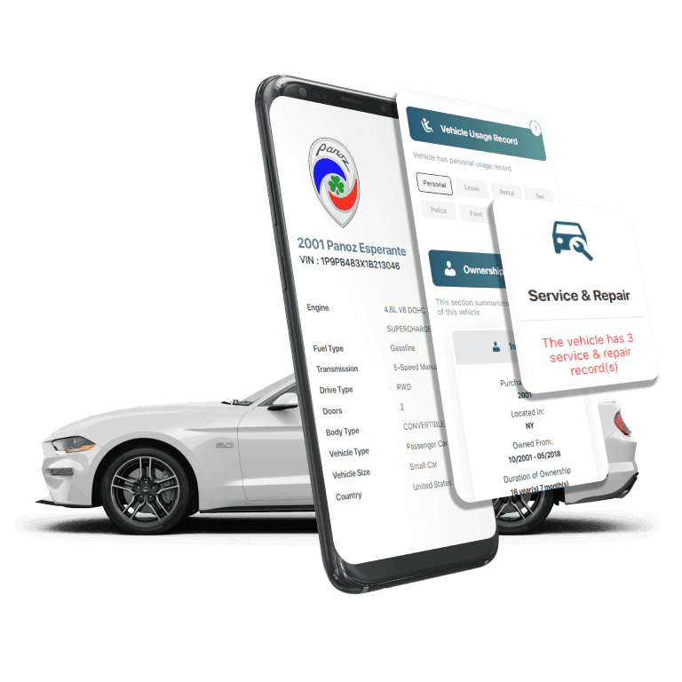 Photo of Panoz VIN Decoder displaying vehicle history report, VIN details, specifications, and recall records on mobile screens beside a Panoz Coupe.