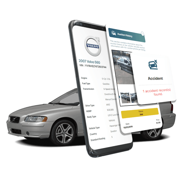 Photo of Volvo VIN Decoder displaying vehicle history report, VIN details, specifications, and recall records on mobile screens beside a Volvo Sedan.