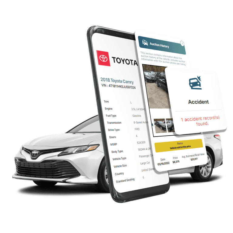 Photo of Toyota VIN Decoder displaying vehicle history report, VIN details, specifications, and recall records on mobile screens beside a Toyota Sedan.