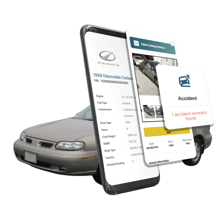 Photo of Oldsmobile VIN Decoder displaying vehicle history report, VIN details, specifications, and recall records on mobile screens beside a Oldsmobile sedan.