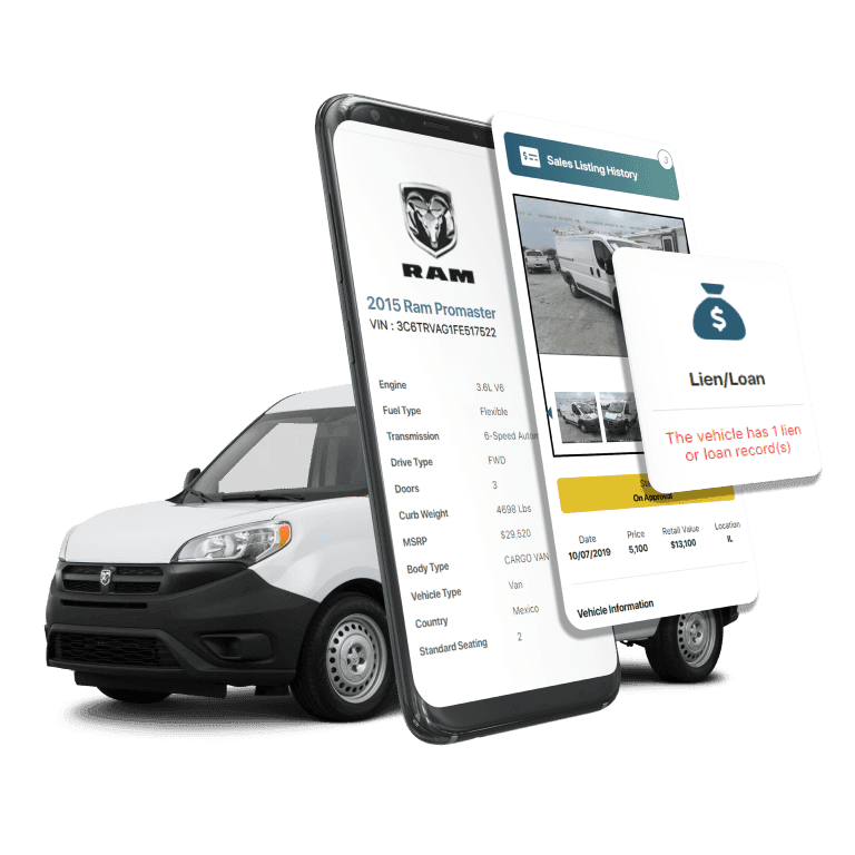 Photo of RAM VIN Decoder displaying vehicle history report, VIN details, specifications, and recall records on mobile screens beside a RAM Car.