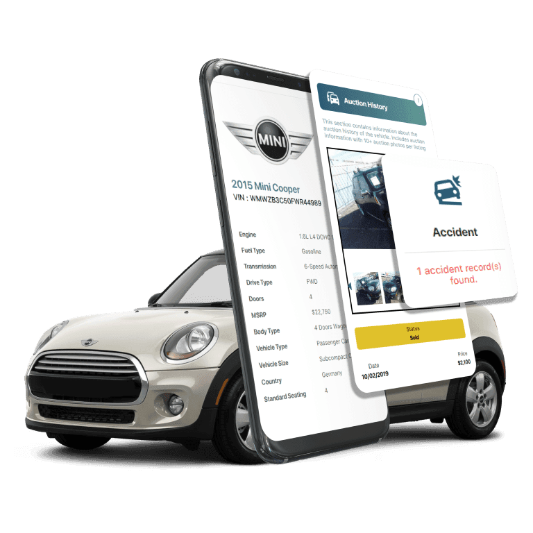 Photo of Mini VIN Decoder displaying vehicle history report, VIN details, specifications, and recall records on mobile screens beside a Mini Cooper Coupe.