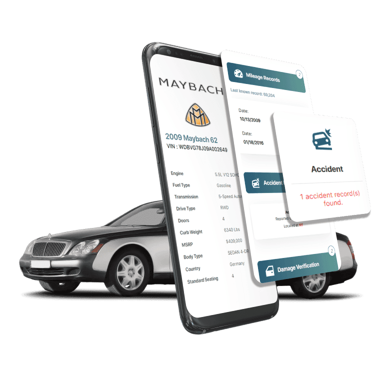 Photo of Maybach VIN Decoder displaying vehicle history report, VIN details, specifications, and recall records on mobile screens beside a Maybach Luxury Sedan.