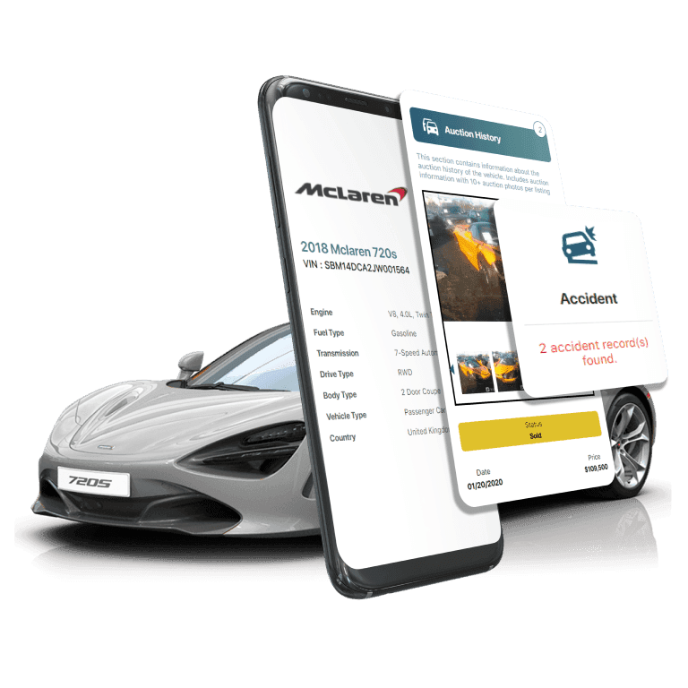 Photo of McLaren VIN Decoder displaying vehicle history report, VIN details, specifications, and recall records on mobile screens beside a McLaren 720S Coupe.