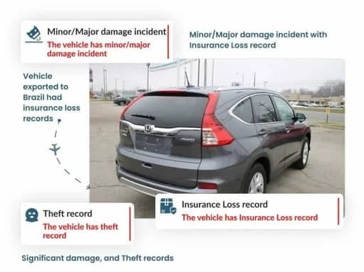 Brazil VIN check report showing damage, insurance loss, and theft records on a gray SUV