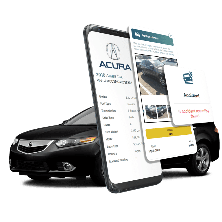 Photo of Acura VIN Decoder displaying vehicle history report, VIN details, specifications, and recall records on mobile screens beside a Acura SUV.