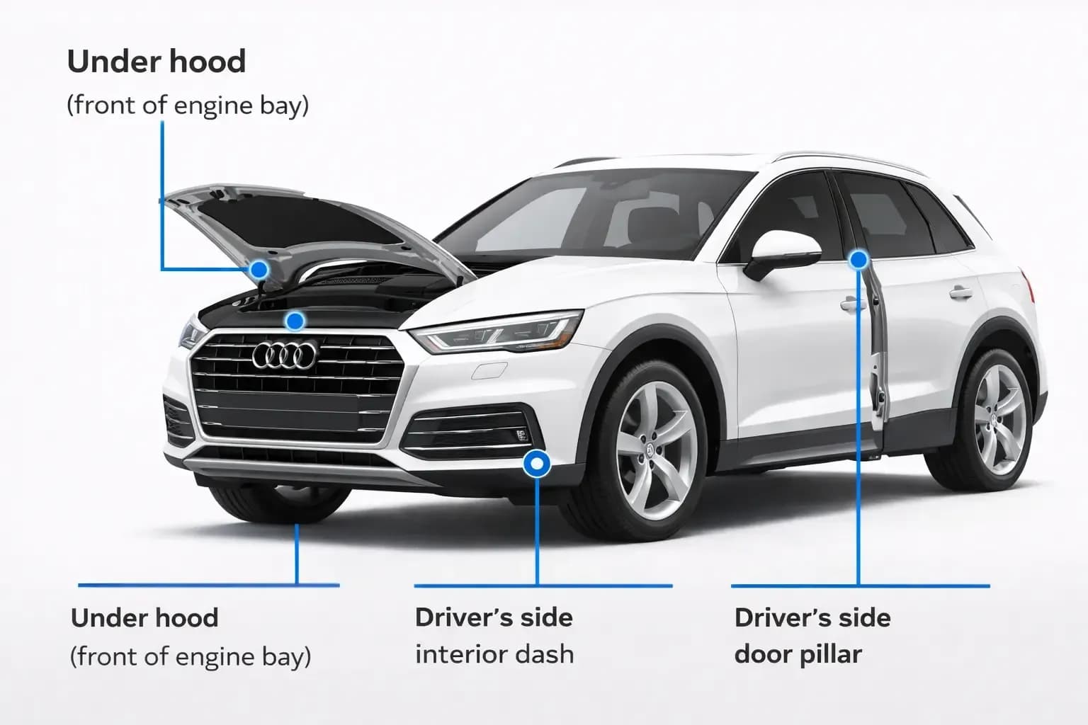 Audi SUV image with hood, dashboard, frame, and door-pillar VIN locations