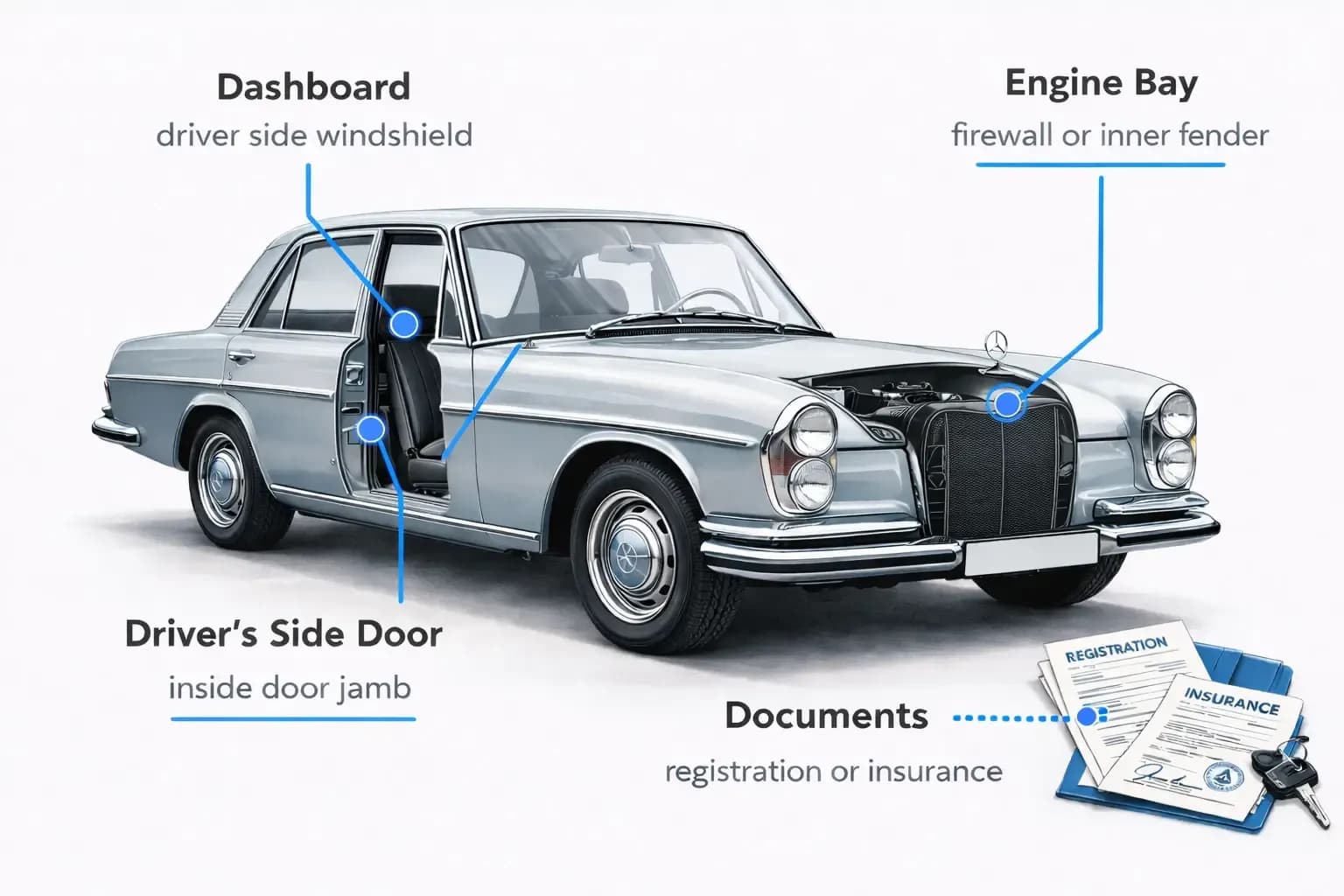 VIN check classic Mercedes-Benz with dashboard, driver-side door, engine bay, and document VIN locations.
