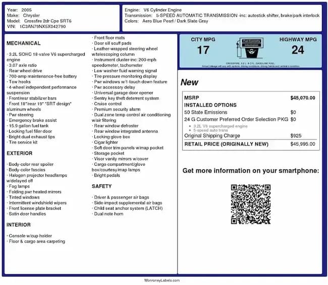 Detailed Vehicle History Window Sticker