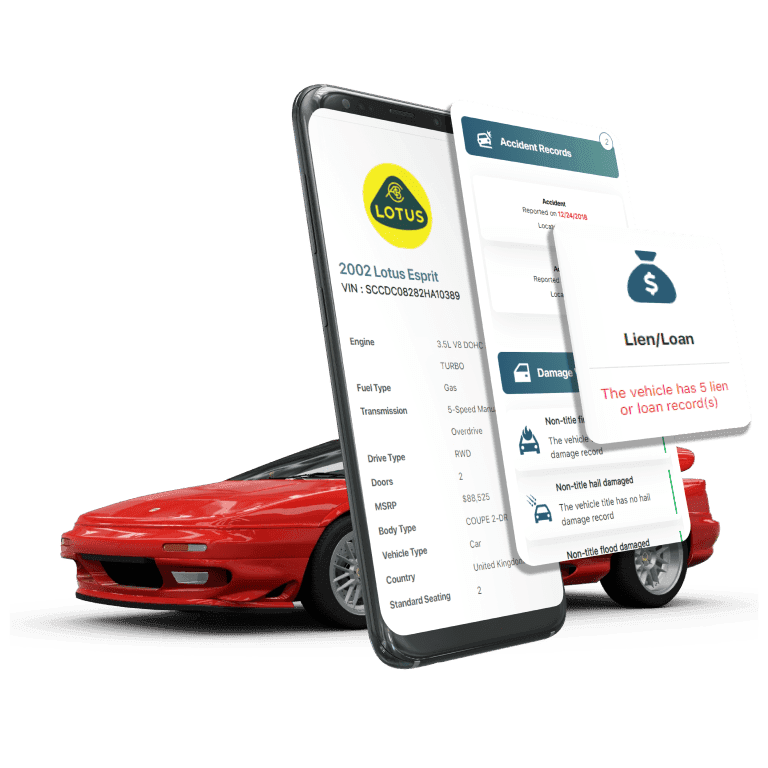 Photo of Lotus VIN Decoder displaying vehicle history report, VIN details, specifications, and recall records on mobile screens beside a Lotus Car.