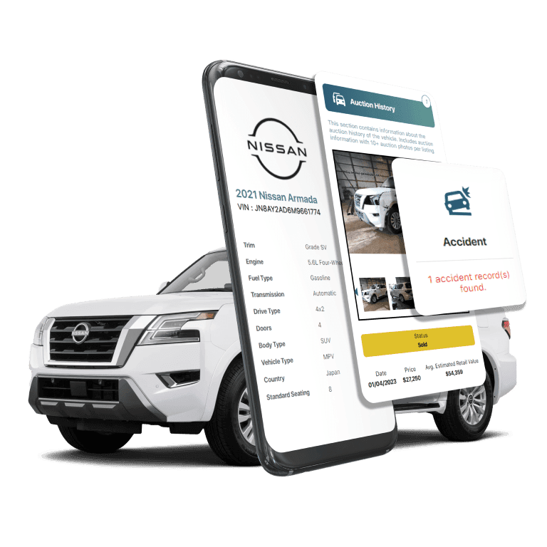 Photo of Nissan VIN Decoder displaying vehicle history report, VIN details, specifications, and recall records on mobile screens beside a Nissan SUV.