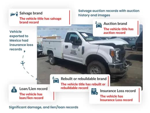 Photo of Mexico VIN Check: Damaged vehicle with Salvage, Auction, Loan/Lien, Rebuilt, and Insurance Loss records