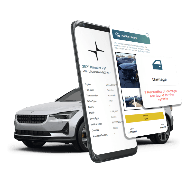 Photo of Polestar VIN Decoder displaying vehicle history report, VIN details, specifications, and recall records on mobile screens beside a Polestar EV.