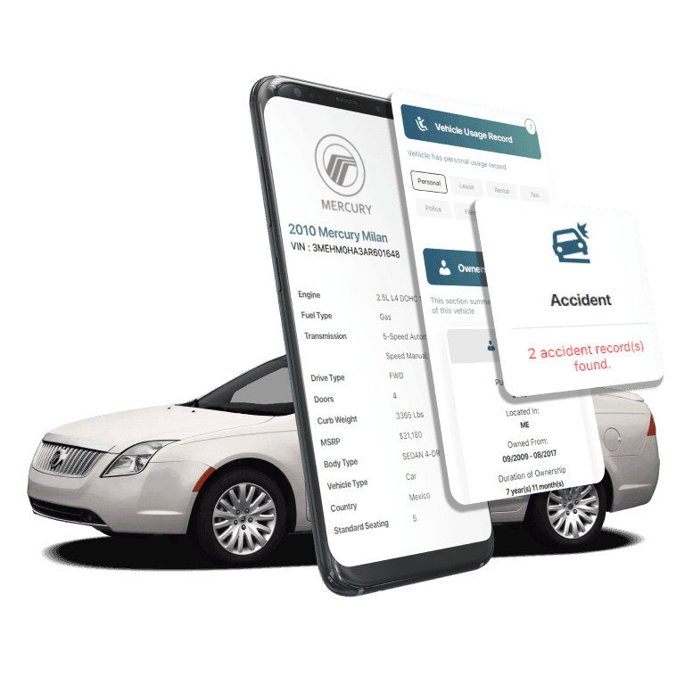 Photo of Mercury VIN Decoder displaying vehicle history report, VIN details, specifications, and recall records on mobile screens beside a Mercury Sedan.