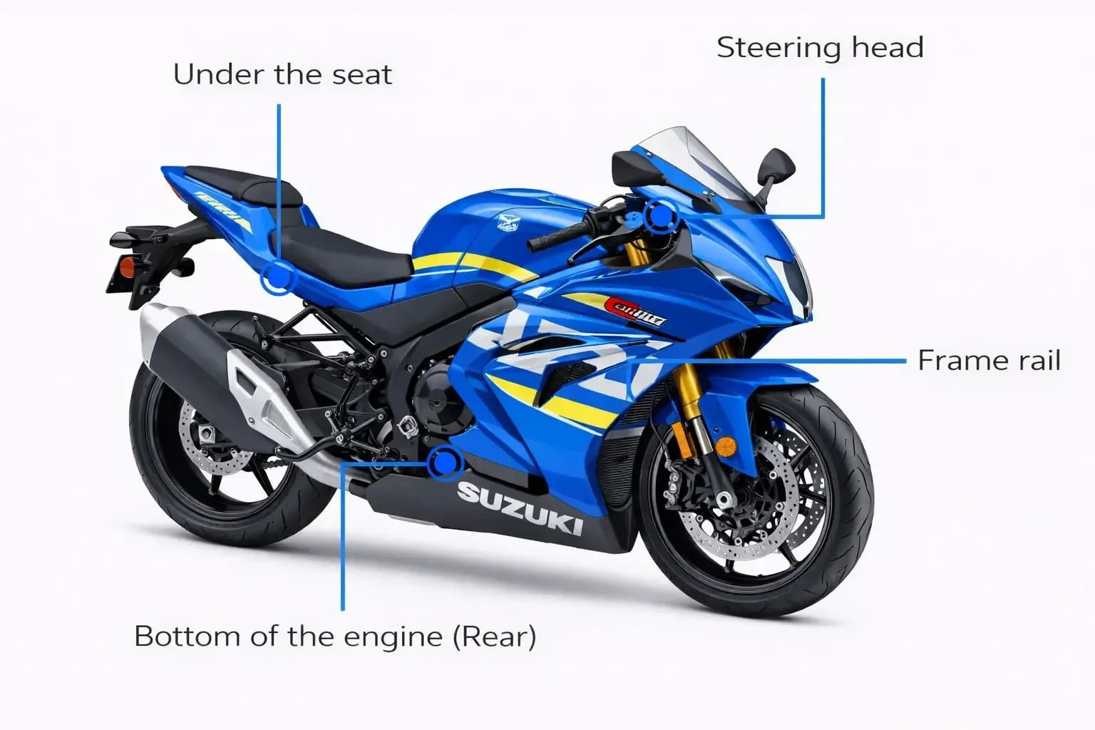 VIN check Suzuki motorcycle image with steering head, frame rail, seat, and engine VIN locations.