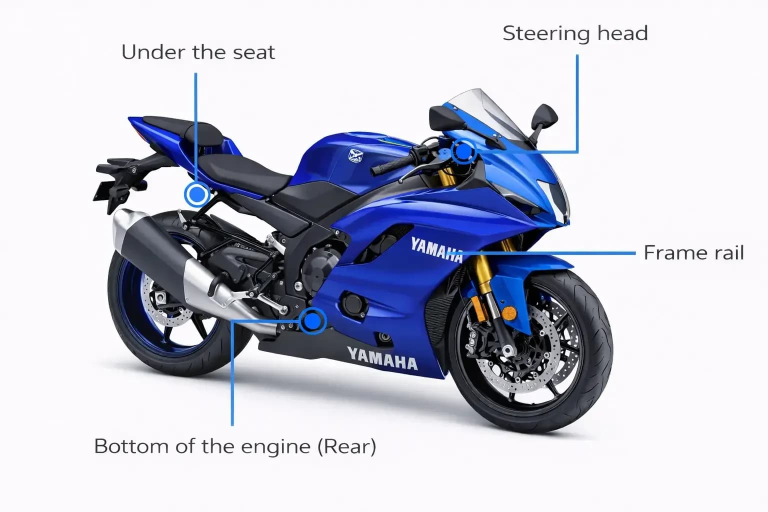 VIN check Yamaha motorcycle image with steering head, frame rail, seat, and engine VIN locations.
