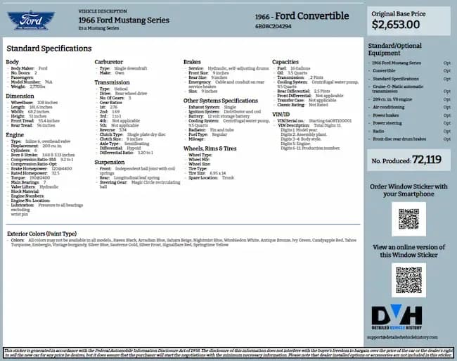 1966 Ford Mustang Series Build Sheet
