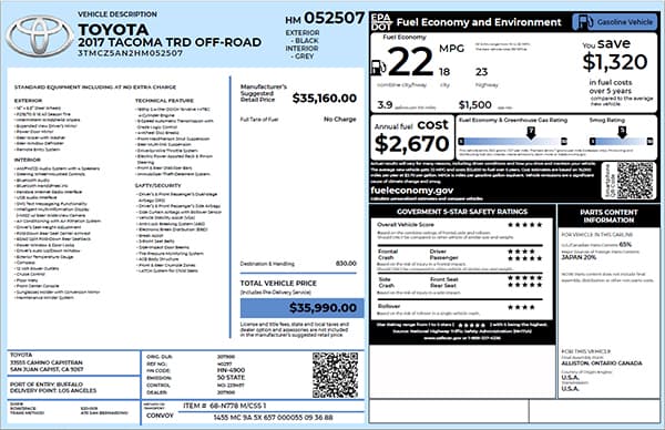 2017 toyota Tocoma TDR sample window sticker