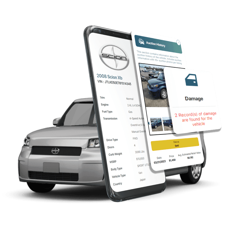 Photo of Scion VIN Decoder displaying vehicle history report, VIN details, specifications, and recall records on mobile screens beside a Scion Car.
