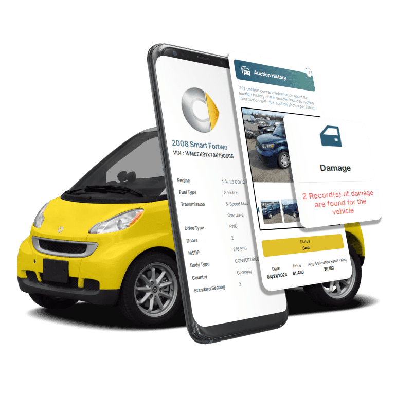 Photo of Smart VIN Decoder displaying vehicle history report, VIN details, specifications, and recall records on mobile screens beside a Smart EV.