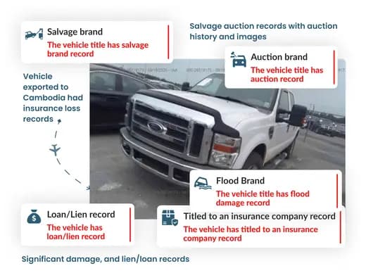 Cambodia chassis number check report showing salvage, auction, flood, insurance title, and lien records on a white pickup truck