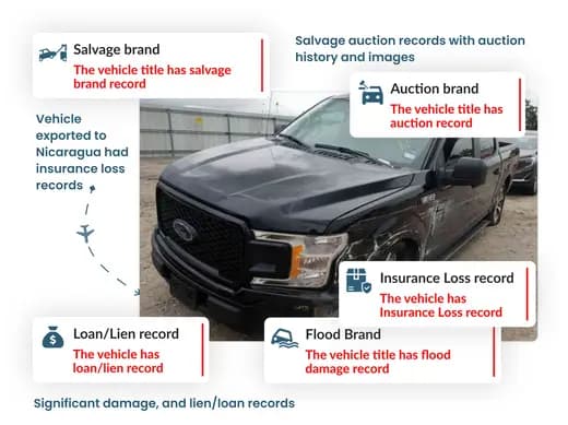 Nicaragua VIN check report showing salvage, flood damage, auction, insurance loss, and lien records