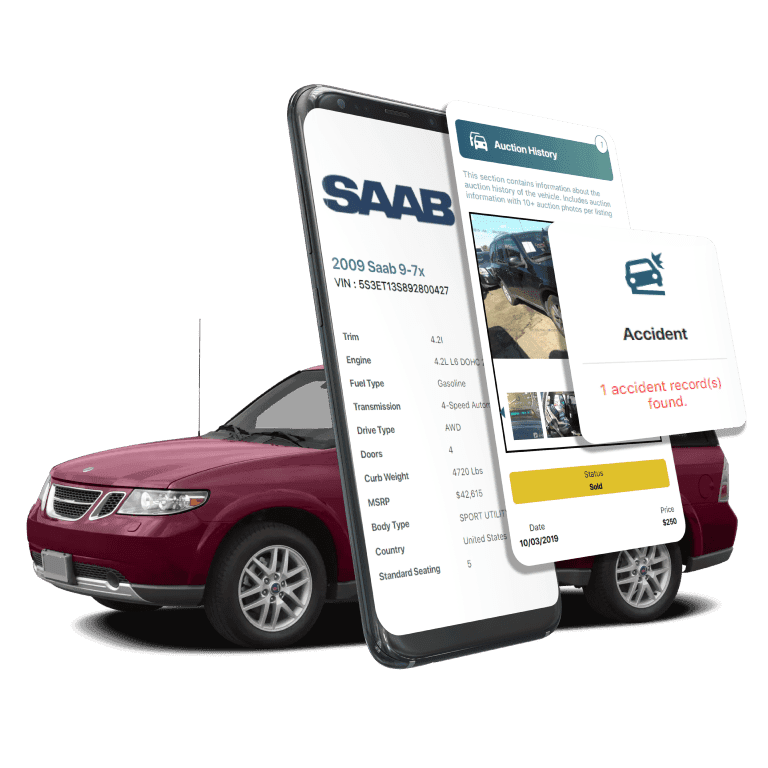 Photo of Saab VIN Decoder displaying vehicle history report, VIN details, specifications, and recall records on mobile screens beside a Saab SUV.
