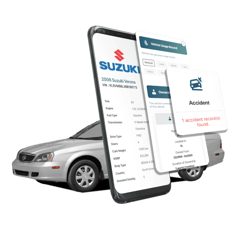 Photo of Suzuki VIN Decoder displaying vehicle history report, VIN details, specifications, and recall records on mobile screens beside a Suzuki Sedan.