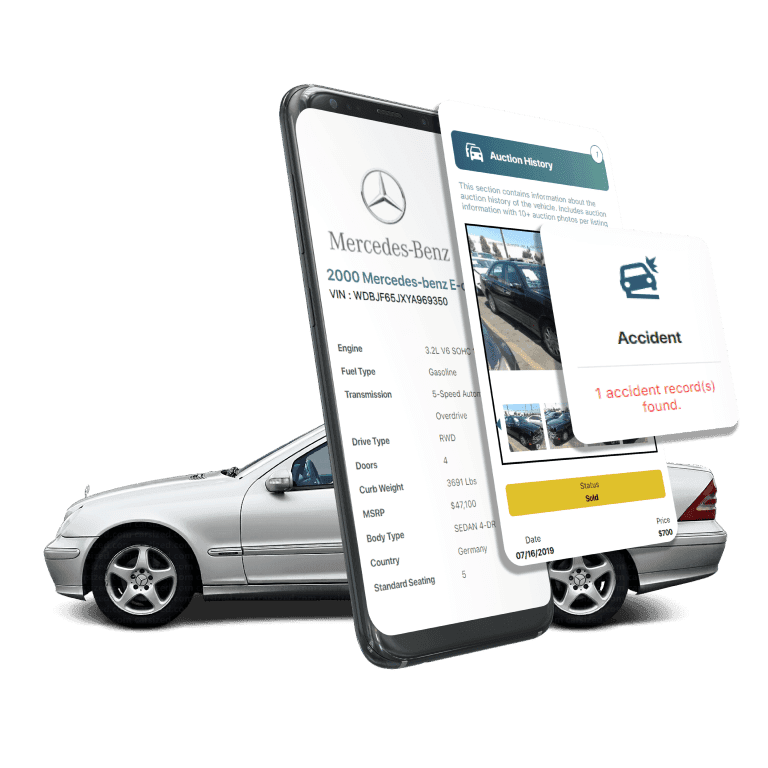 Photo of Mercedes Benz VIN Decoder displaying vehicle history report, VIN details, specifications, and recall records on mobile screens beside a Mercedes Benz Sedan.