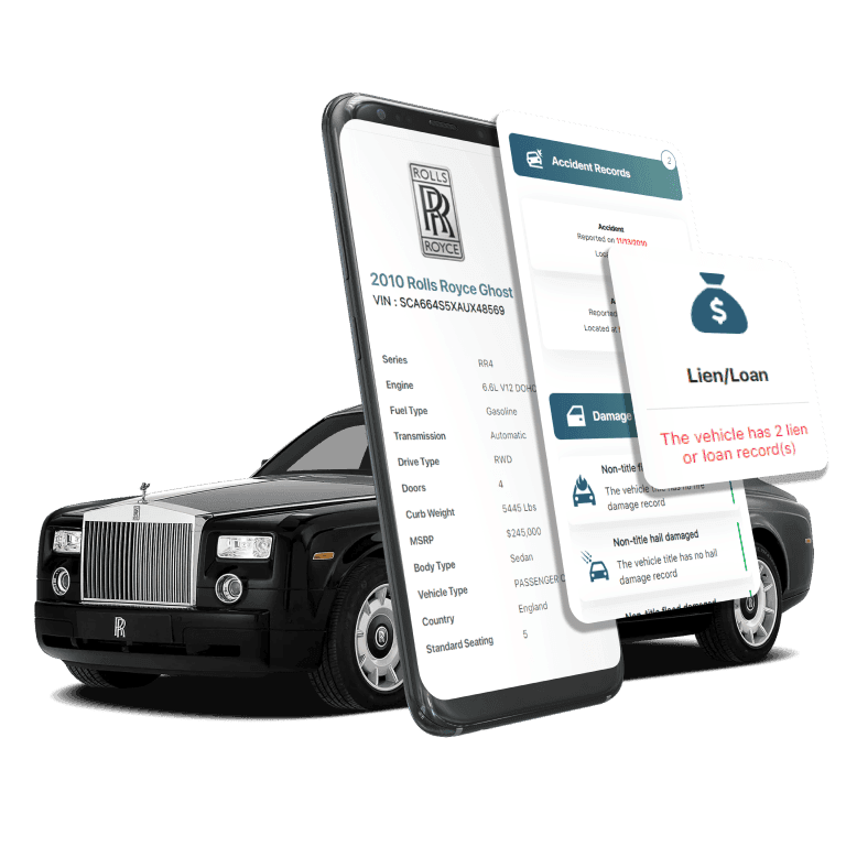 Photo of Rolls-Royce VIN Decoder displaying vehicle history report, VIN details, specifications, and recall records on mobile screens beside a Rolls-Royce Car.