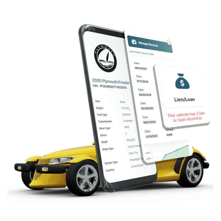 Photo of Plymouth VIN Decoder displaying vehicle history report, VIN details, specifications, and recall records on mobile screens beside a Plymouth car.