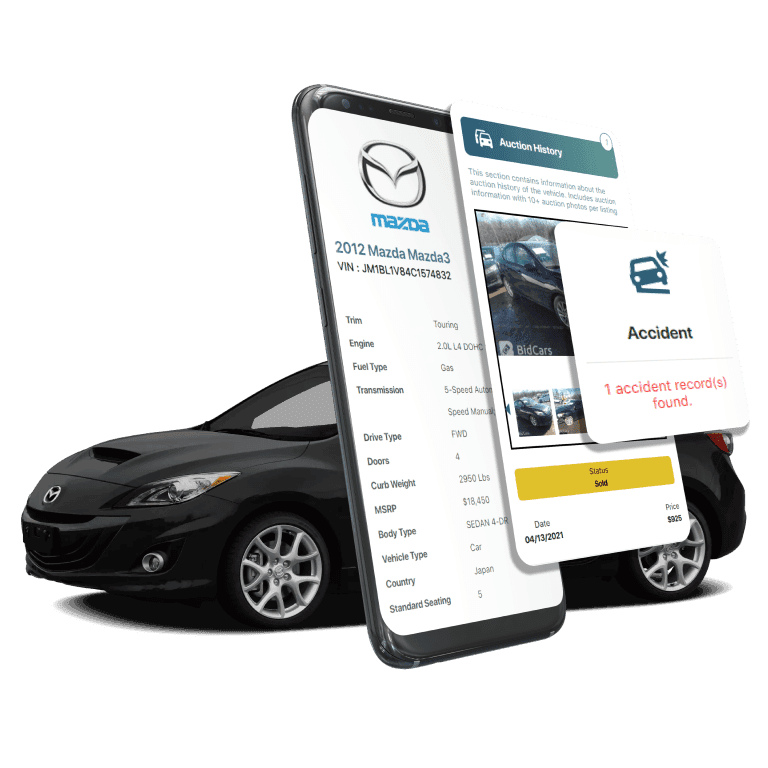 Photo of Mazda VIN Decoder displaying vehicle history report, VIN details, specifications, and recall records on mobile screens beside a Mazda Hatchback Car.