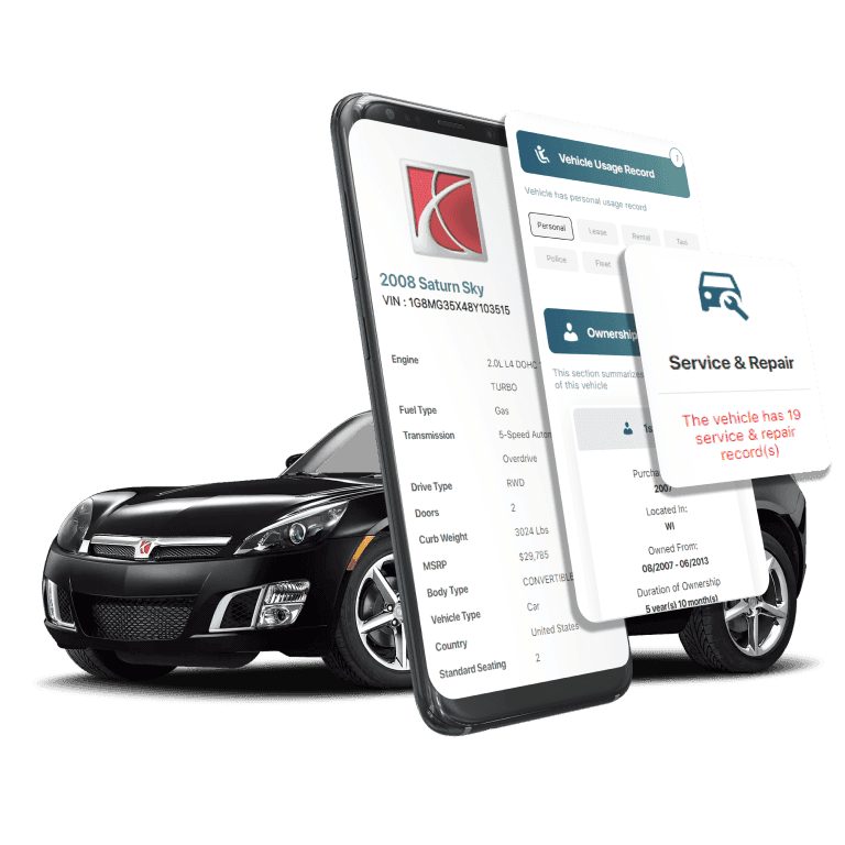 Photo of Saturn VIN Decoder displaying vehicle history report, VIN details, specifications, and recall records on mobile screens beside a Saturn Car.
