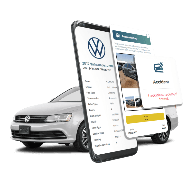 Photo of Volkswagen VIN Decoder displaying vehicle history report, VIN details, specifications, and recall records on mobile screens beside a Volkswagen Golf.