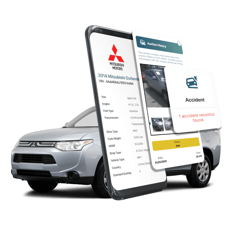 Photo of Mitsubishi VIN Decoder displaying vehicle history report, VIN details, specifications, and recall records on mobile screens beside a Mitsubishi SUV.