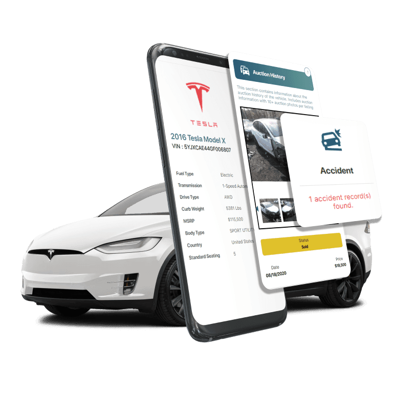 Photo of Tesla VIN Decoder displaying vehicle history report, VIN details, specifications, and recall records on mobile screens beside a Tesla EV Car.