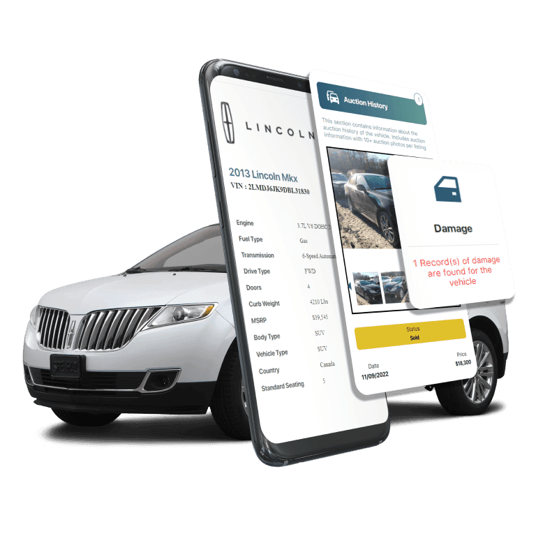 Photo of Lincoln VIN Decoder displaying vehicle history report, VIN details, specifications, and recall records on mobile screens beside a Lincoln SUV.