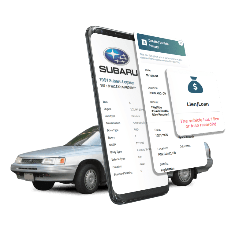 Photo of Subaru VIN Decoder displaying vehicle history report, VIN details, specifications, and recall records on mobile screens beside a Subaru Sedan.