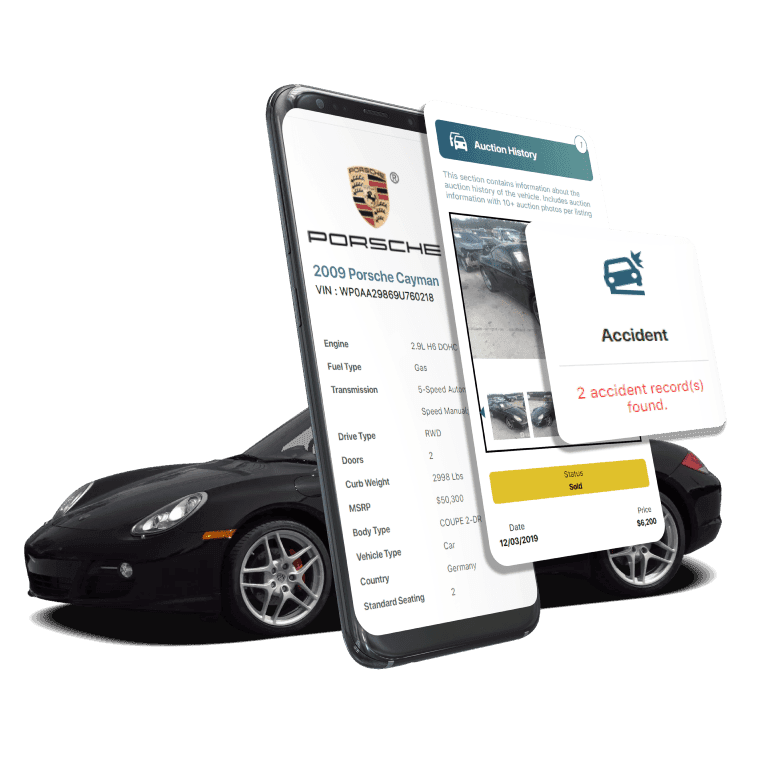 Photo of Porsche VIN Decoder displaying vehicle history report, VIN details, specifications, and recall records on mobile screens beside a Porsche Coupe.