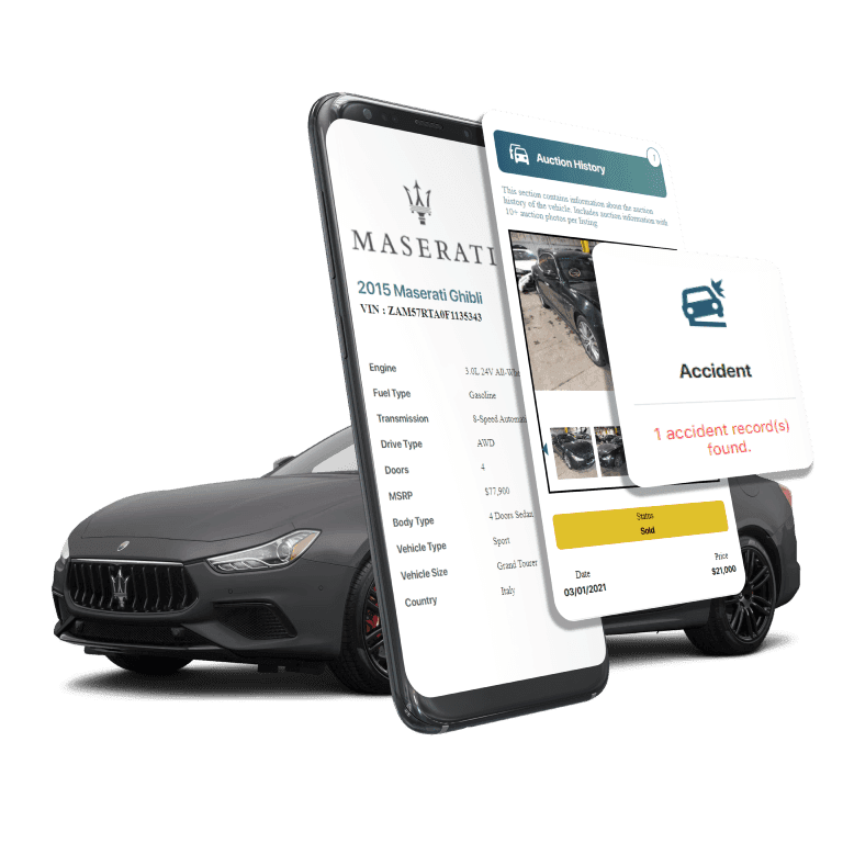 Photo of Maserati VIN Decoder displaying vehicle history report, VIN details, specifications, and recall records on mobile screens beside a Maserati Car.