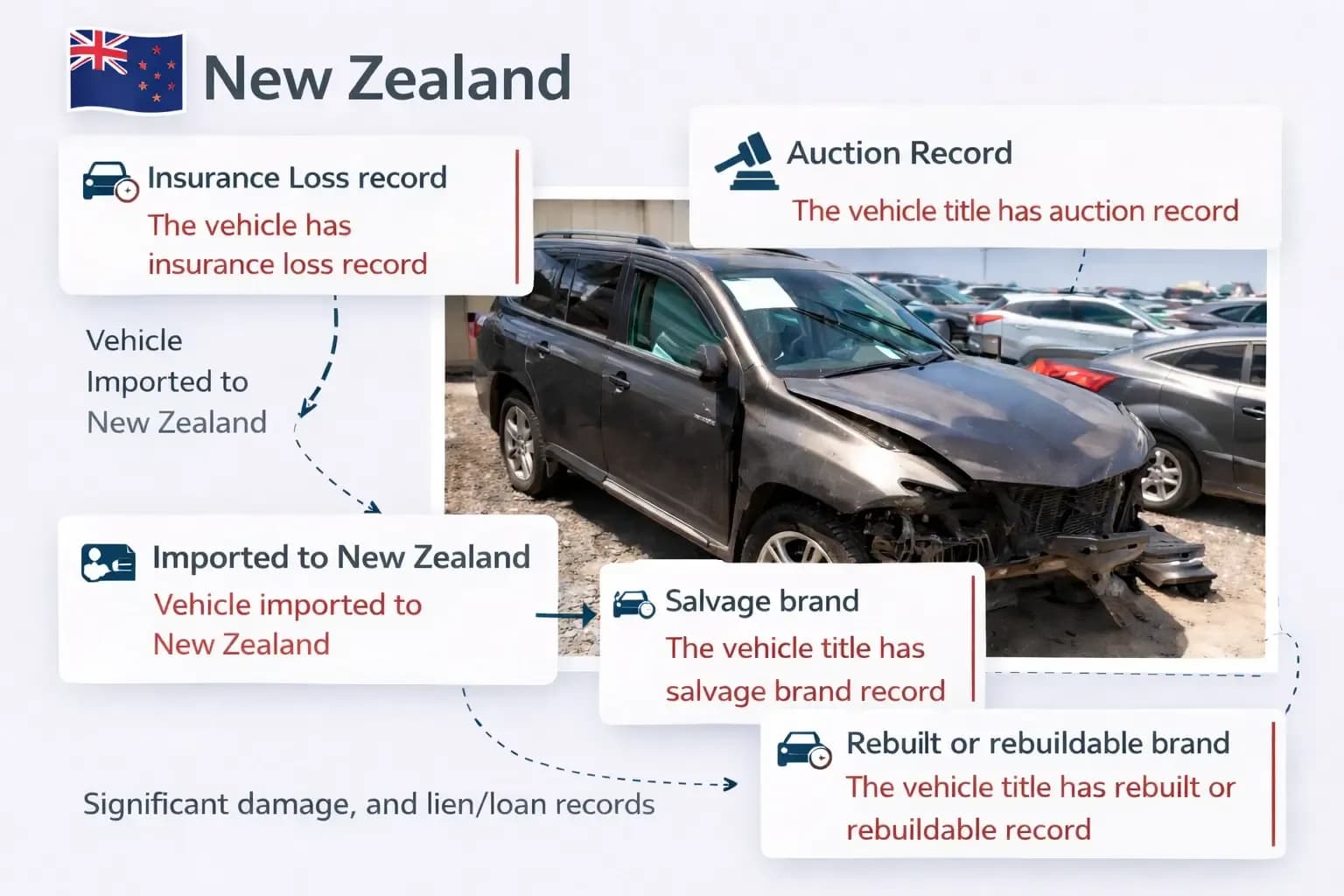 Vehicle Report of VIN check New Zealand in SUV showing , salvage, lien, insurance, and damage records.