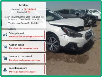 An image showing a car with salvage record, accident record, auction brand, and insurance loss record