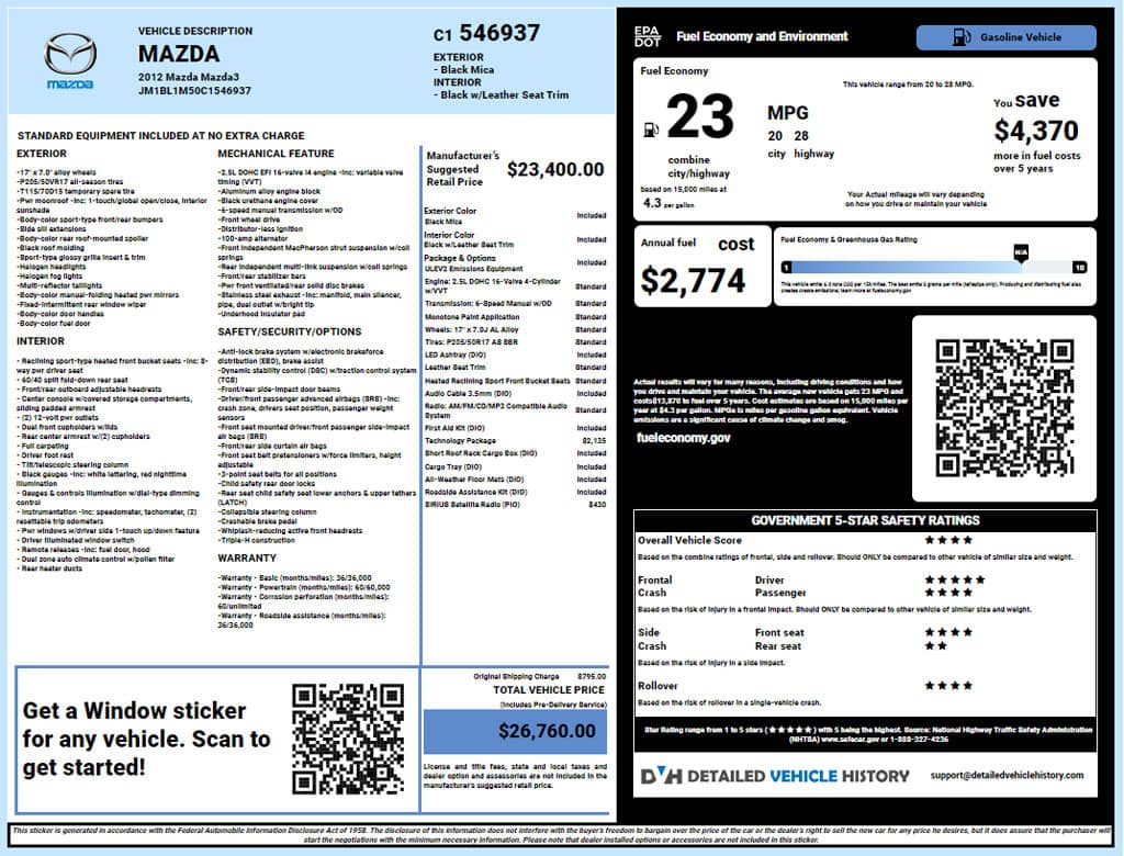 Mazda window sticker lookup report