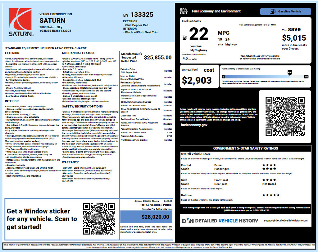 Saturn window sticker lookup report